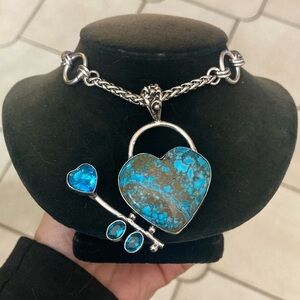 Genuine blue turquoise gemstones & blue cz heart arrow boho silver necklace .